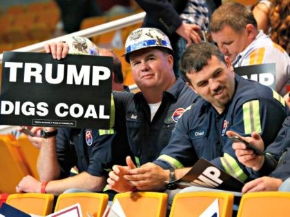 A group of coal miners hold Trump signs as they wait for a rally in Charleston, W.Va., Thu