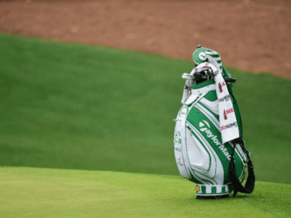 The bag of Dustin Johnson of the United States is seen on the tenth hole during a practice