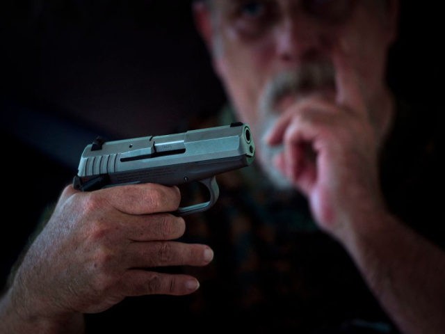 A member of the Georgia Security Force III% militia looks at another member's hand gun dur