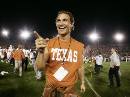 PASADENA, CA - JANUARY 01: Actor Matthew McConaughey celebrates on the field after the Tex