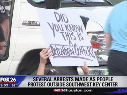 Protesters outside an ORR juvenile migrant shelter in Houston. (Fox 26 Houston Video Scree