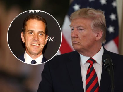 (INSET: Hunter Biden) US President Donald Trump looks on during a press conference with Au