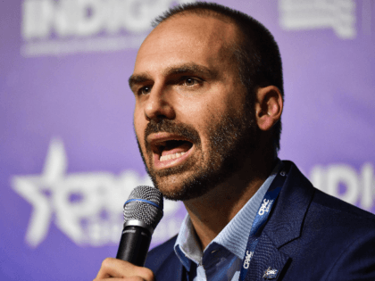 Brazilian Deputy Eduardo Bolsonaro, son of Brazilian President Jair Bolsonaro, speaks duri