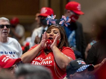 Supporters react to music before President Donald Trump arrives at a Latinos for Trump Coa
