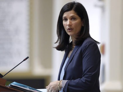 FILE - In this March 17, 2020, file photo, House speaker Sara Gideon, D-Freeport, conducts
