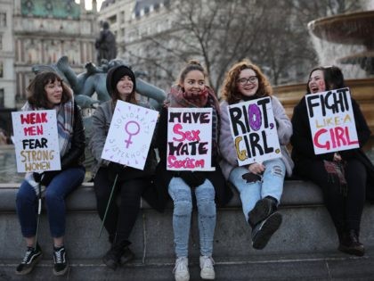 LONDON, ENGLAND - JANUARY 21: Protesters take part in the Women's March on January 21, 201