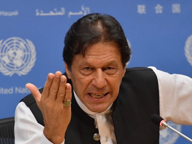 Pakistani Prime Minister Imran Khan speaks during a press conference at the United Nations