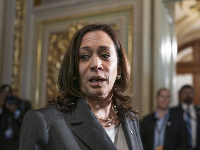 Vice President Kamala Harris expresses disappointment as she leaves the Senate chamber fol