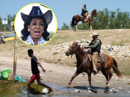 (INSET: Rep. Frederica Wilson) A United States Border Patrol agent on horseback tries to s