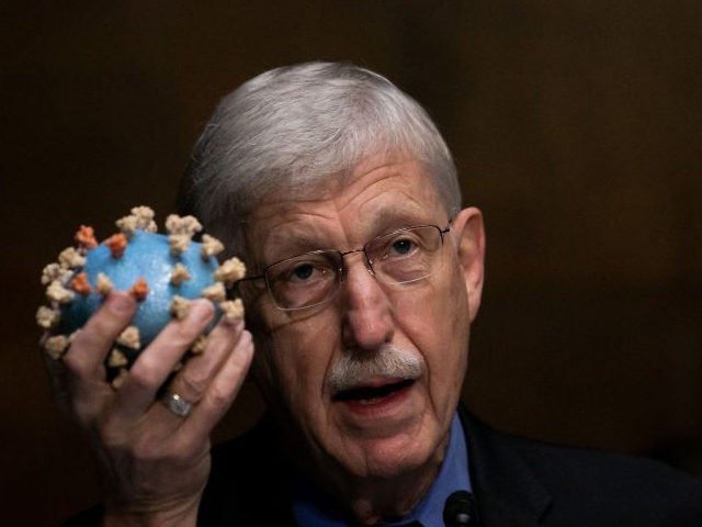 National Health Institute Director Francis S. Collins holds a model of a Coronavirus, as h