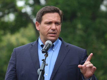 Florida Gov. Ron DeSantis speaks to guests at the Nebraska Steak Fry in Nebraska City, Neb