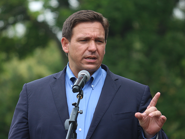 Florida Gov. Ron DeSantis speaks to guests at the Nebraska Steak Fry in Nebraska City, Neb