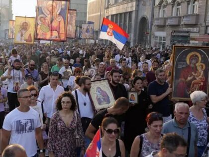 People march during a protest against the international LGBT event EuroPride in Belgrade,