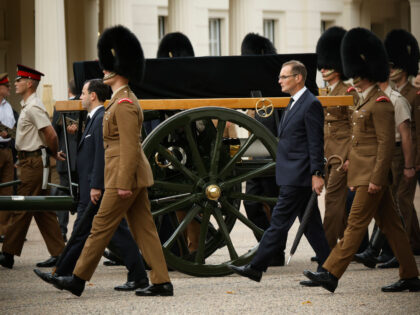 LONDON, ENGLAND - SEPTEMBER 12: A prop casket is is carried on a gun carriage as members o