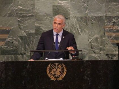 Israeli Prime Minister Yair Lapid addresses the UN General Assembly September 22, 2022, Ph