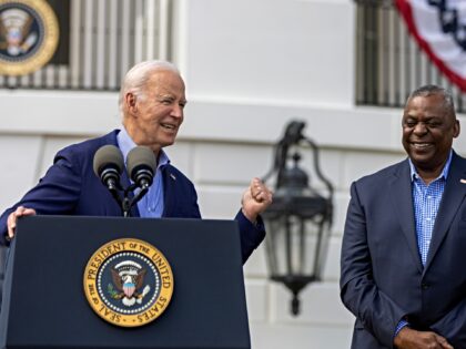WASHINGTON, DC - JULY 04: President Joe Biden speaks as Secretary of Defense Lloyd Austin