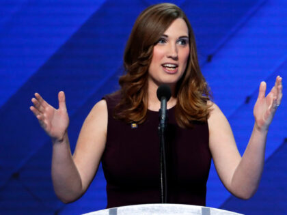 FILE - LGBT rights activist Sarah McBride speaks during the final day of the Democratic Na