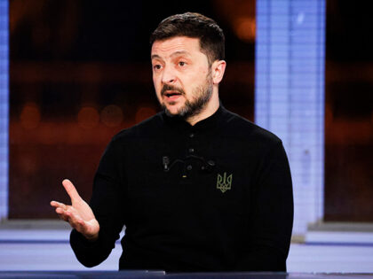 Ukraine's President Volodymyr Zelensky answers journalists during a TV special with Europe