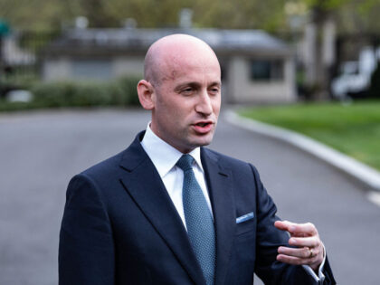 United States Homeland Security Advisor Stephen Miller talks to the press after an intervi