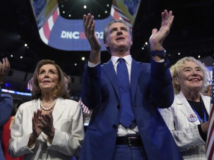 Rep. Nancy Pelosi, D-Calif., and California Gov. Gavin Newsom watch as Democratic presiden