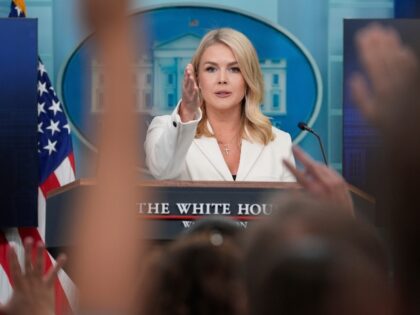 White House press secretary Karoline Leavitt speaks with reporters in the James Brady Pres