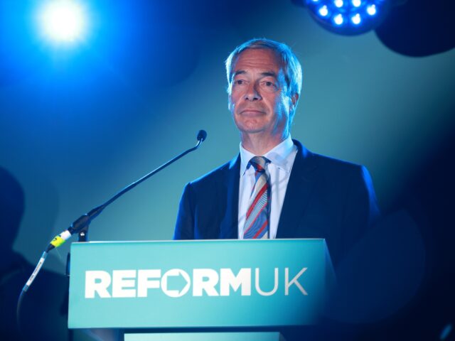PADDOCK WOOD, ENGLAND - MAY 02: Leader of Reform UK Nigel Farage addresses supporters and