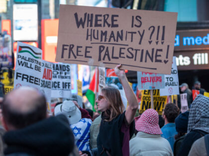 NEW YORK CITY, NEW YORK, UNITED STATES - 2025/03/18: A pro-Palestine protestor holds a sig